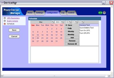 Scheduling.NETpower allows the user to setup a schedule for the UPS so that it can perform a self test or turn the system on or off automatically.