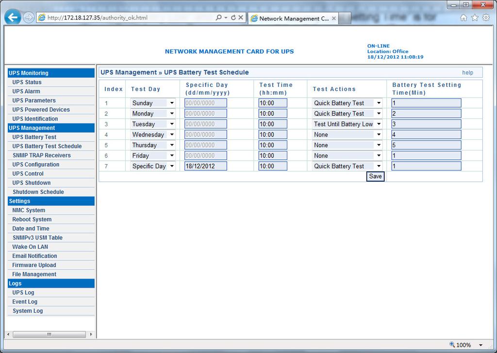 Diagram 3.3.2 3.3.3 UPS Control menu UPS Control menu can be accessed by UPS Management UPS Control. User can control UPS output on or off on the interface, please refer to diagram 3.3.3. When selecting UPS turn off item, NMC will send shutdown command to UPS, UPS will shut down output once the delay time has run out.