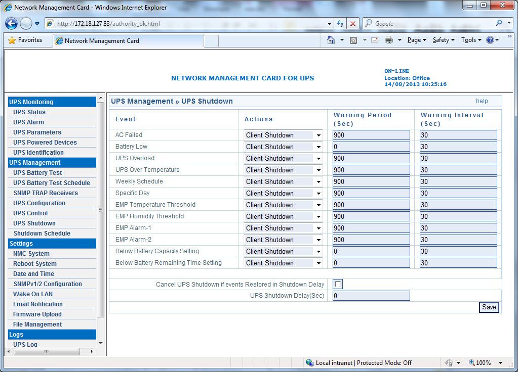 Diagram 3.3.5 3.3.6 UPS Configuration menu UPS Configuration menu can be accessed by UPS Management UPS Configuration. User can configure the limited point of UPS overload and over-temperature.