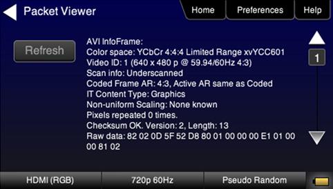 Packet Viewer Test View HDMI infoframe and selected data island metadata Step 1.