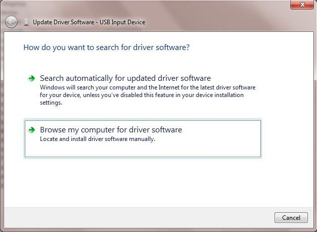 8. Select Browse my computer for driver software from the Update Driver Software - USB Input Device