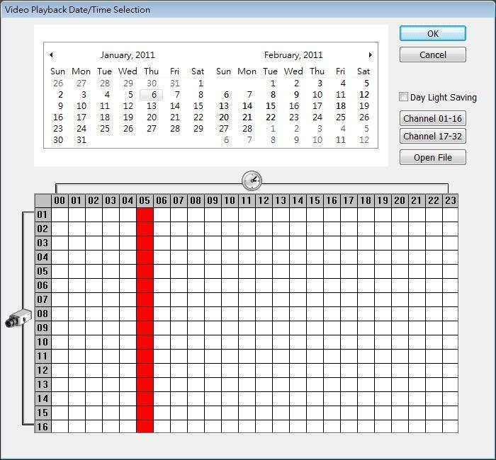 Name Function (6) Archive Select the date on the calendar and the time from 00 to 23 to where to start playing the recorded video file.