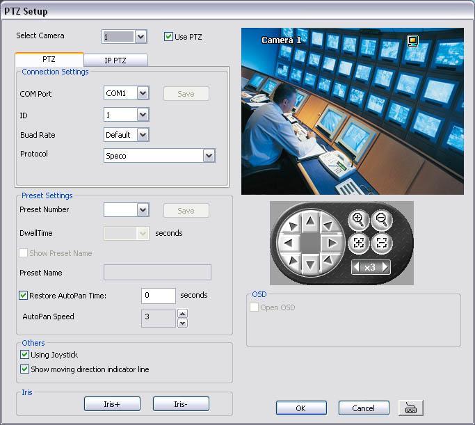 3.7 To Setup the PTZ/IP PTZ Camera 3.7.1 Setup the PTZ Camera 1. In the PTZ control panel, click Setup. 2. When the PTZ Setup dialog box appears, select the camera number and check the Use PTZ box.