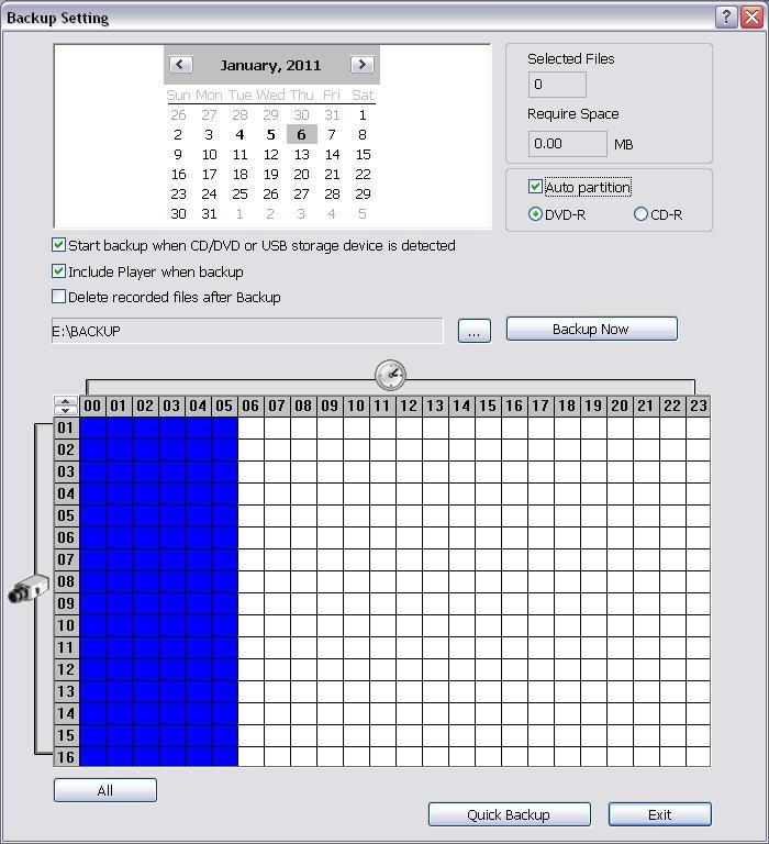 4.6 Backup Setting In the Backup Setting dialog box, the number from 00 to 23 represent the time in 24-hour clock. The numbers from 01 to 16 represent the camera number.