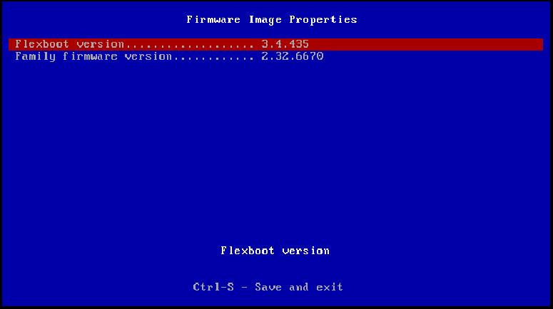 7.3 Firmware Image Properties In the following menu, you can set the following options: Flexboot Version Family Firmware Version Figure 8: Firmware Image Properties Menu 7.3.1 Flexboot Version Available options: System setup /Firmware Image Properties Flexboot driver version information No 3.