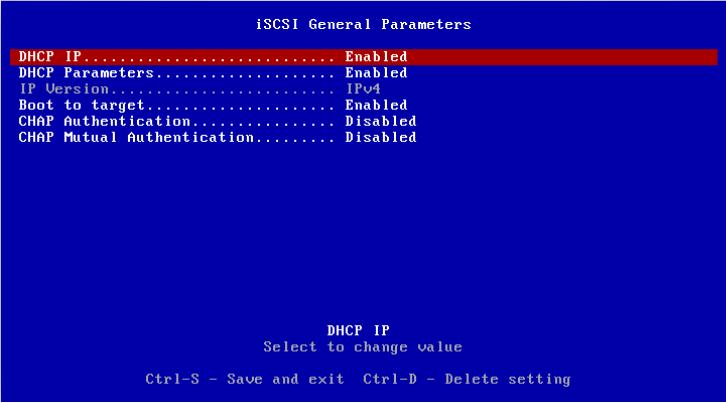 7.6 iscsi General Parameters In the following menu, you can set the following options: DHCP IP DHCP Parameters IP Version CHAP Authentication CHAP Mutual Authentication Figure 12: iscsi General