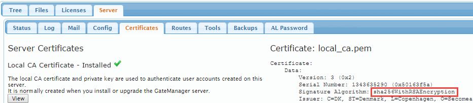 1, the GateManager was born with a SHA1 web certificate. The web certificate is signed through the GateManager self-signing CA. The CA in version 7.