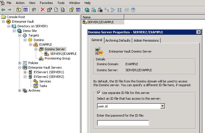 Figure 6 - Archiving ID at Domino Server Level The archiving ID that will be used at the server level will also require Editor access, with the Delete Documents and Create Shared Folders/Views