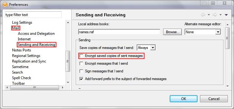 Encryption of Stored Outgoing Emails - When sending emails, a copy of the email can