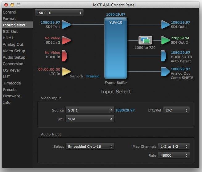 Input Select Screen On the Input Select screen you can view or set the currently selected video and audio input sources and map audio sources to the channels supported by your editing application.