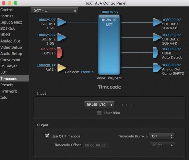 Timecode Screen The Timecode screen: Selects the timecode stream read for applications that use it (for example, AJA Control Room, when the timecode source is set to Use control panel setting, will