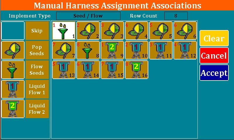Figure 12 Manual Harness Assignment Dialog The figure above shows an 8 Row implement with 8 Rows of Seed, and 8 Rows of Flow. The Flow sensors are assigned to two different rates.