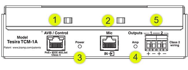 TCM-1 & TCM-1A FRONT PANEL Figure 1 TCM-1A Figure 2 TCM-1 1. AVB/Control Facilitates connection to the Tesira AVB network for audio transmission and control.