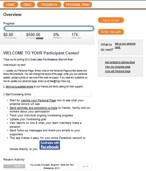 Navigate Your Participant Center Home Page From your Participant Center you can: 1.View your overall fundraising progress. You can also update your goal from your home page 2.