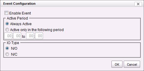 Besides, event log will be recorded only if event is selected on this page. 4. Click the Configure button to enable the event and select the active period.