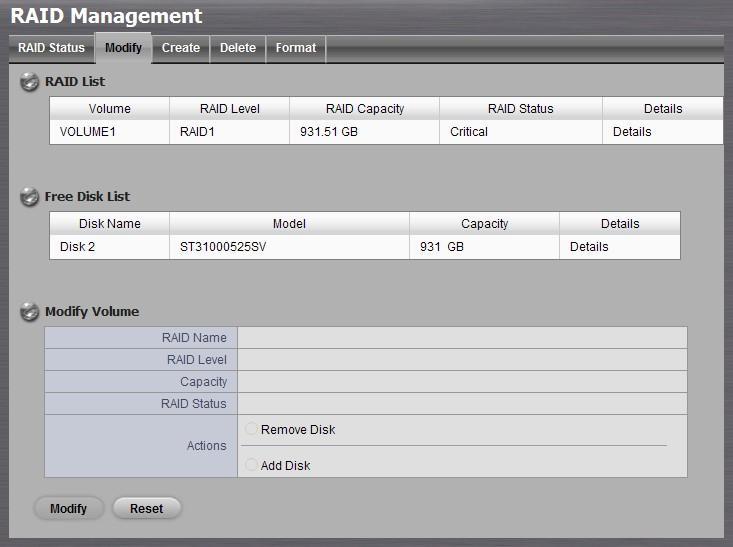 2. Click RAID & File System / RAID Management. 3. Click the Modify tab. 4.
