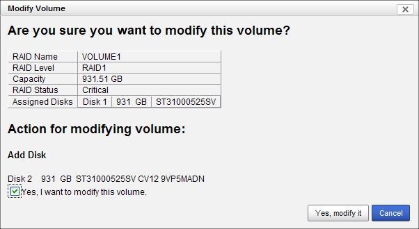 7. Modifying RAID volume takes a while, depending on the size of disks you choose.