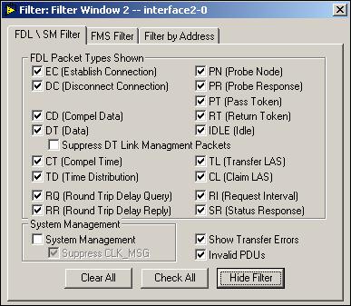 Chapter 3 Windows and Menus FDL Filter Tab The FDL Filter tab filters packets at the FDL layer and lists all of the FDL PDU types for easy selection.