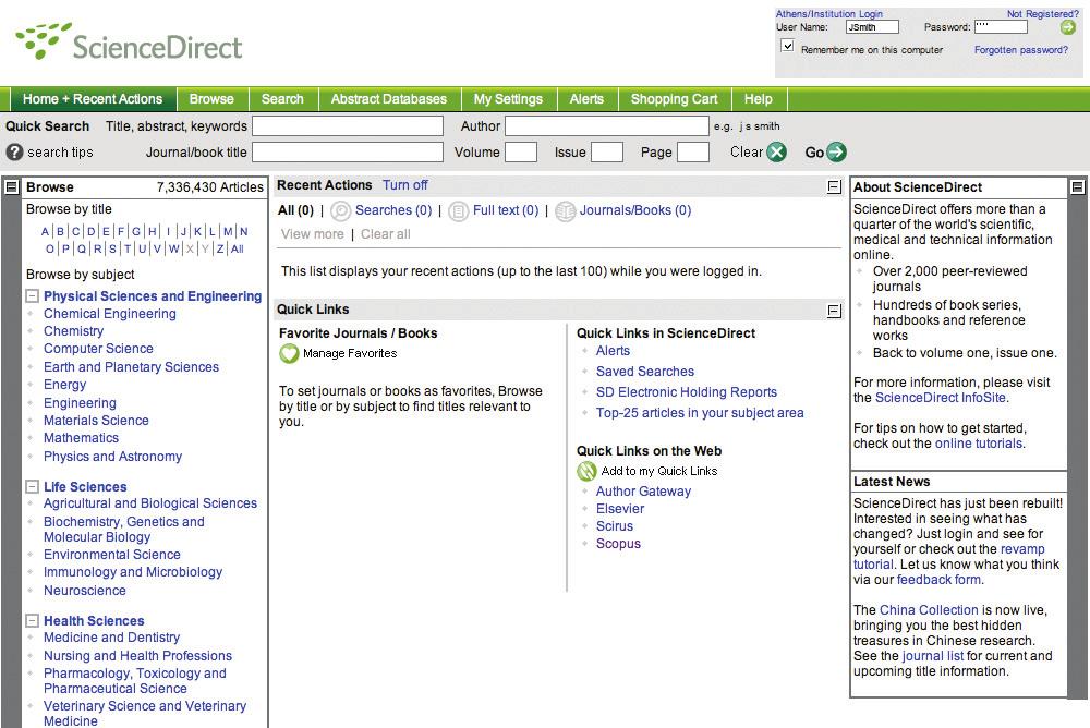 Start from the new ScienceDirect homepage. Quick Search The new Quick Search effectively supports the four most frequent research tasks and is available on every page.