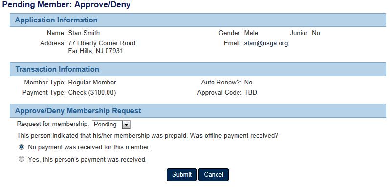 You can edit an application by clicking on the E box in the left hand column. To review a membership for approval, click on the Approve? button.