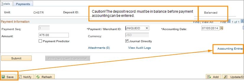 4. Click the Accounting Entries link. Result: The system displays the Accounting Entries tab that corresponds with the payment line. Accounting Entries Tab 1.