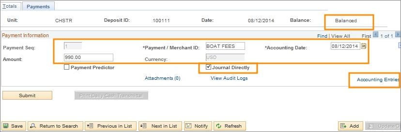 3. If the Journal Directly checkbox is marked, click the Accounting Entries link to view or change the chartfield accounting details, if necessary.