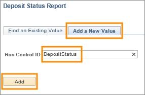 Result: The system displays the Campus Deposit All Statuses tab. Campus Deposit All Statuses Tab 1. Mark the Summary Report checkbox if you want the report to show high-level deposit information.