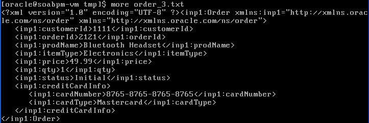 88. Back in the main screen of the EM console, run the Test page again and this time use the small order, which can be found in C:\Oracle_SOA\Resources\po\input\po-smallHeadsetx1.