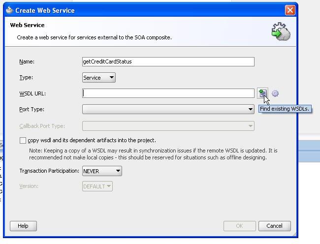 WSDL File: The server must be running and the composite deployed Navigate to the service using the Resource Browser as follows: Click the Find Existing WSDLs button next to the