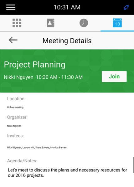 Using the Calendar View Meeting Details When you select a meeting on the calendar, you can view the meeting s start and end time, location, organizer, invitees, and meeting description, as shown next.
