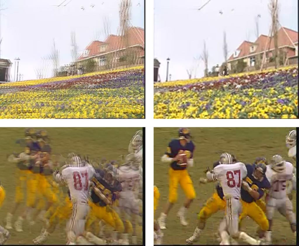 Figure 6: Example of the video quality achieved by the PRI-S technique (left) and the proposed content-adaptive traffic prioritization technique (right). Flower (top) and Football (bottom) sequences.