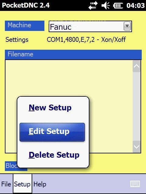 To edit an existing setup first select the machine. Then tap the menu Setup / Edit Setup.