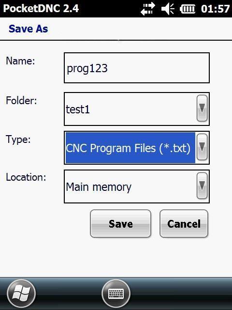 Tap in the name box and then use the keypad area to tap in a filename. Select a folder in which to store the programme, the folder name is normally the name of the machine tool.
