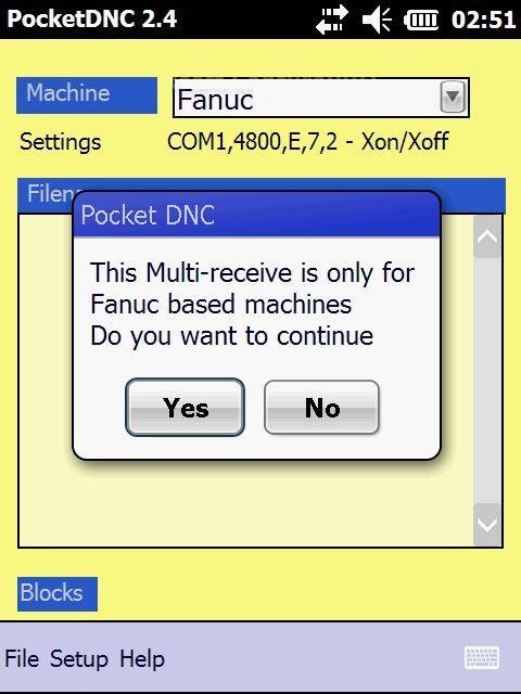 The option to receive multiple files is only available for Fanuc based machines. Tap Yes. Tap in the name box and then use the keypad area to tap in a filename.