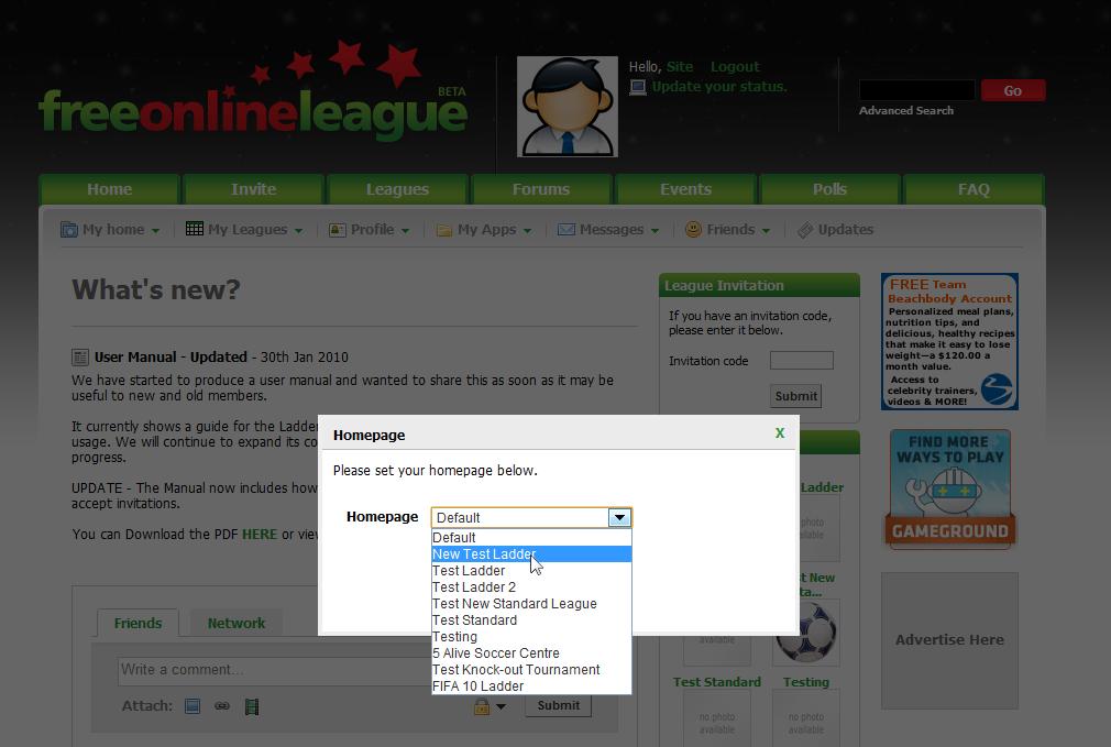 Set Home Page The Set Homepage pop-up shows all Leagues were you are currently a member.