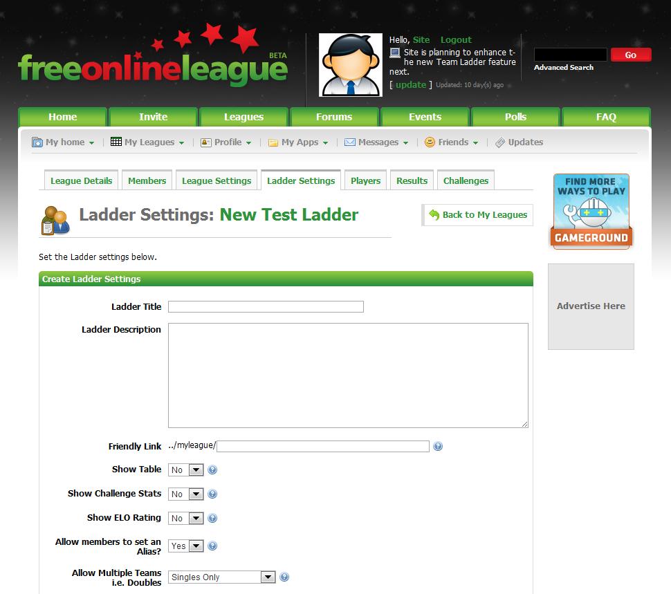 Create Ladder Settings As with the Create League web form, complete this Ladder Settings web form selecting each settings as you wish your Ladder to be configured.