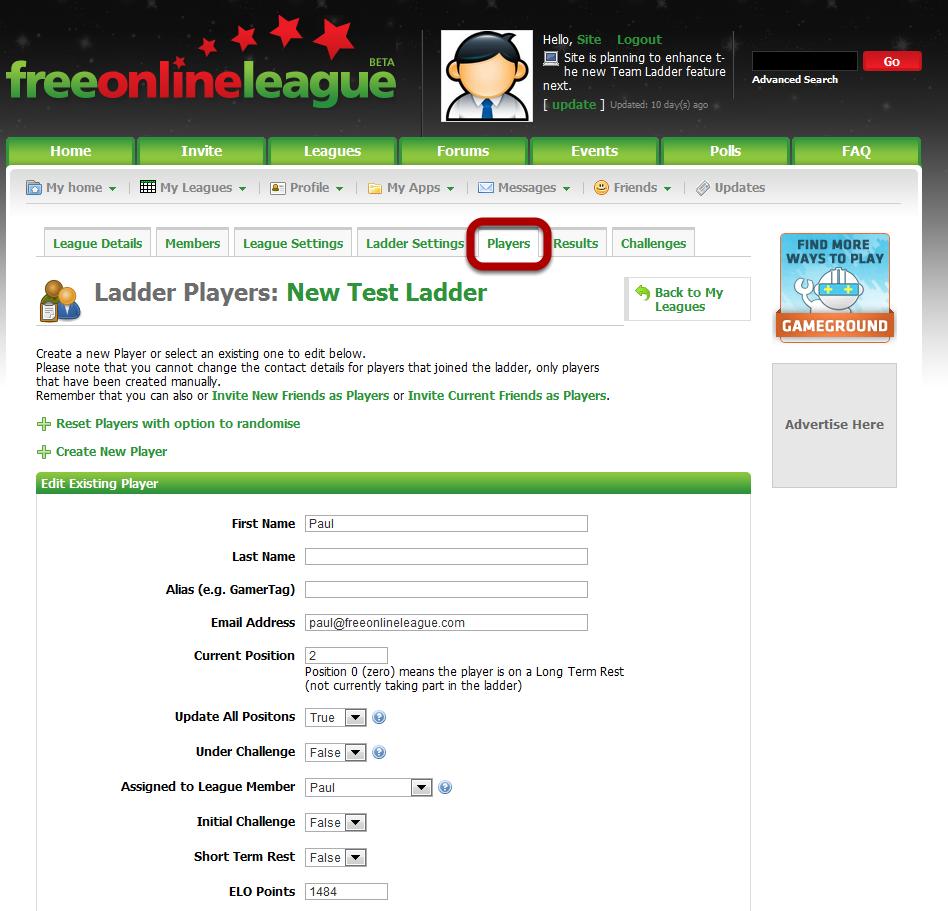 Ladder Admin Section - Players The Players Tab within the Ladder admin section allows the