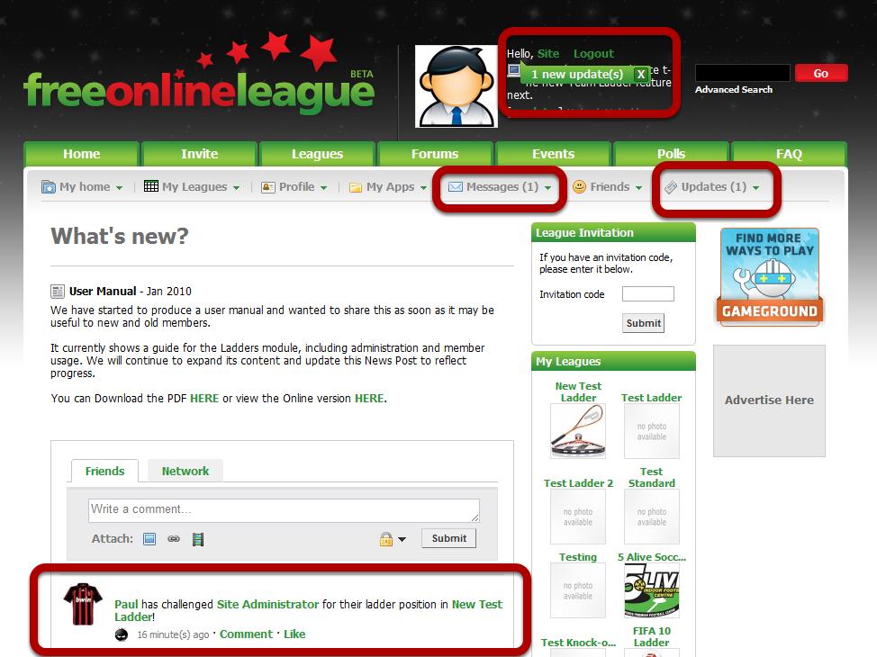 Site Administrator - Notification When Site Administrator logs into Free Online League, they see several notifications regarding the Challenge.