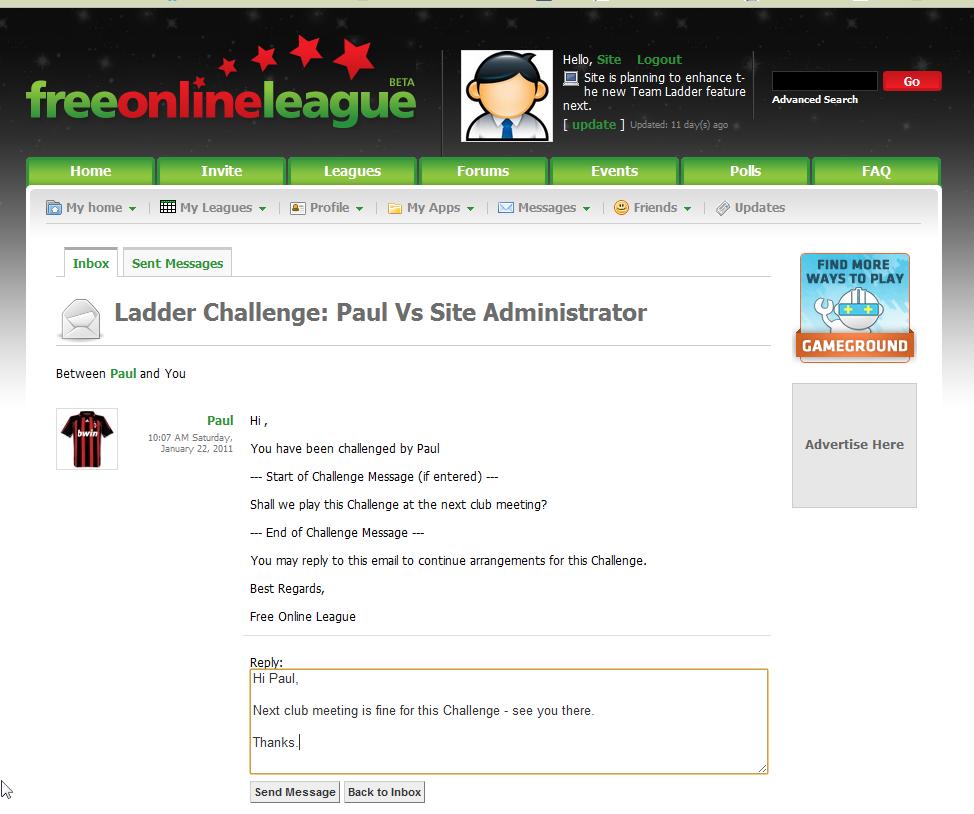 Site Administrator - Arrange / Confirm Challenge Private Message Site Administrator has the option