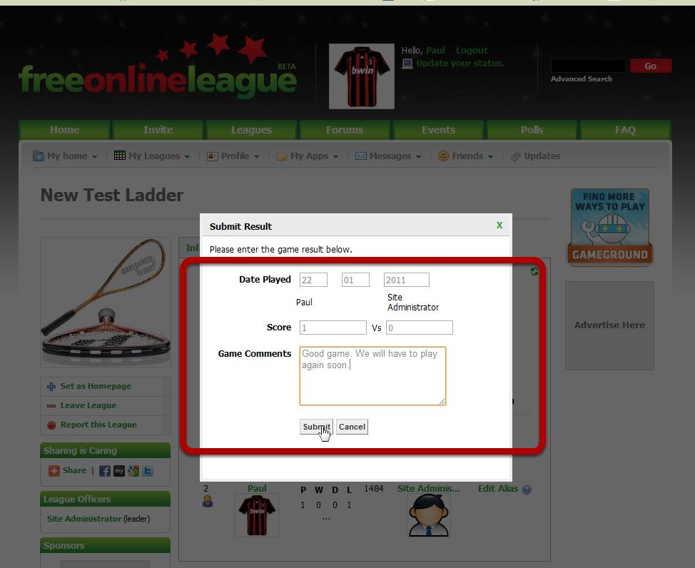 Submit the Result Enter the score taking note of the players above the