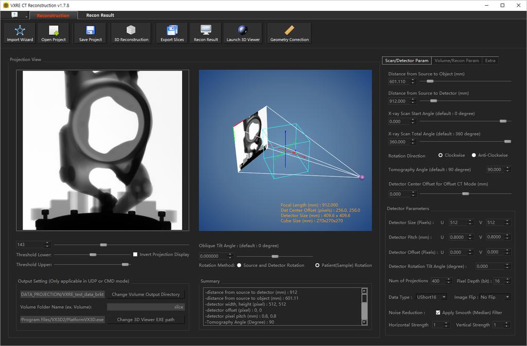 Main UI : CT Geometry View (3D View) - Current CT Geometry will be shown in geometry view as 3D lines and cube.