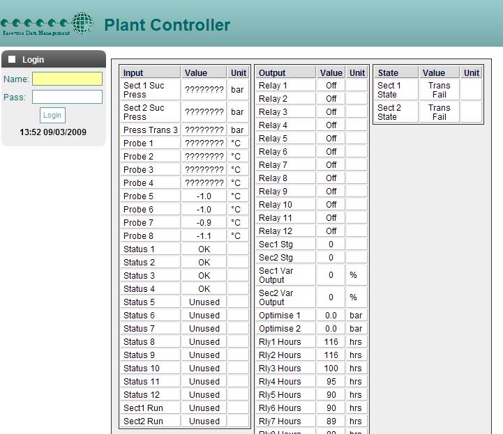 Plant Controller home page Log in using an appropriate username and password; setup operations can then be used via the PC by clicking on the appropriate link: - Link Operation Values Shows the