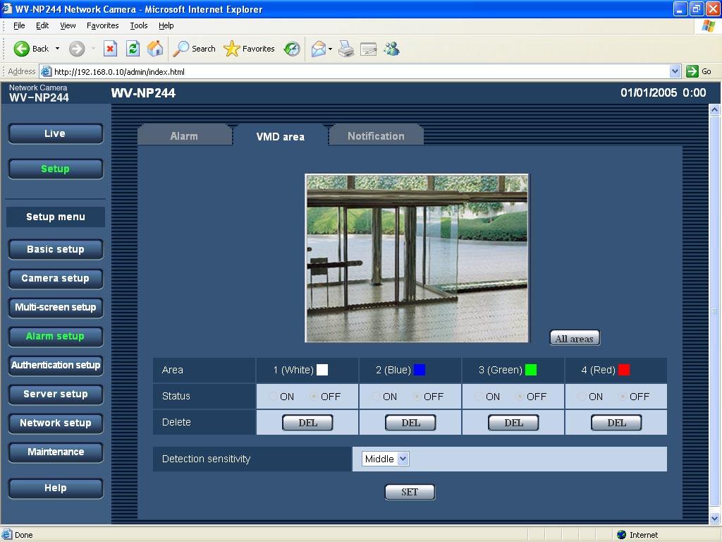 Set the VMD areas [VMD area] Click the [VMD area] tab on the "Alarm setup" page. ( page 16) The video motion detection areas can be set on this page.