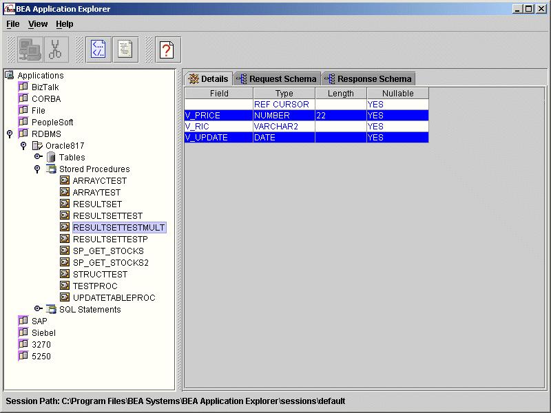2 Using the BEA Application Explorer With an RDBMS b. Select Field, Column, or Row. This determines the service response format for this stored procedure.