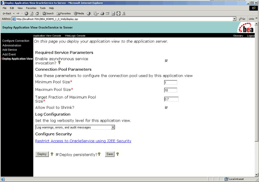 Deploying an Application View Figure 3-9 Deploy Application View Window (ORACLE Service to Server) 3.