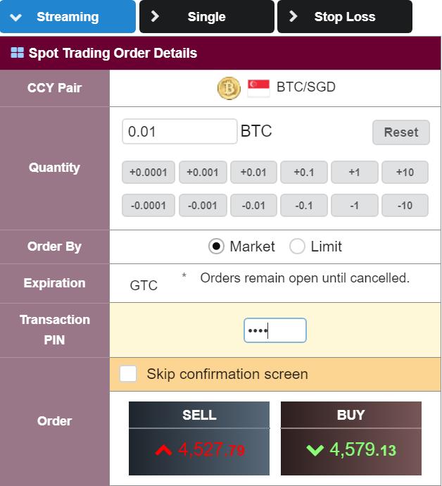Streaming Order: Click on 'Streaming', the following figure is the interface for Spot Trading Order details, section Sell/Buy will show the real-time market prices.