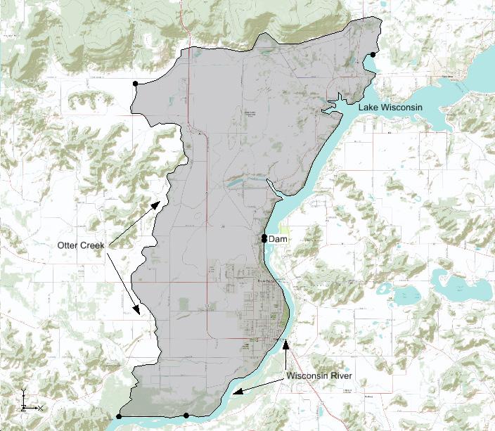 Figure 1. Study area. The model is bounded on the east by Lake Wisconsin and on the south by the Wisconsin River. A stream (Otter Creek) is used as the western boundary.