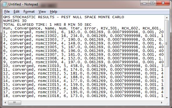 Figure 3. Stochastic output file (nsmcii.mfo) displayed in Notepad. This file describes the PEST NSMC run.