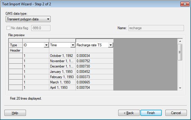 MODFLOW Transient Calibration Figure 2 Step 2 of the Text Import Wizard 13. Click on the Finish button. 14. Select Yes at the prompt to make the time series data a step function. 6.