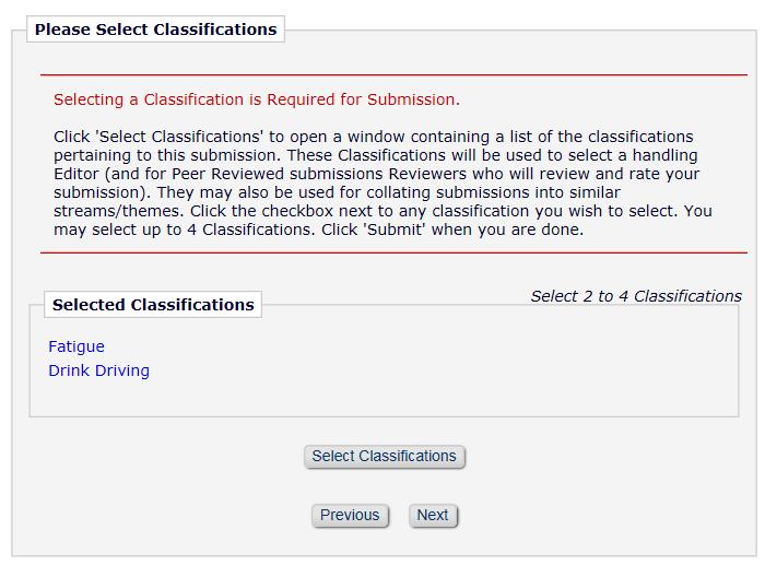 On the Select Classifications tab, click Select Classifications and select which topic areas in road safety your Full Paper could be classified under.